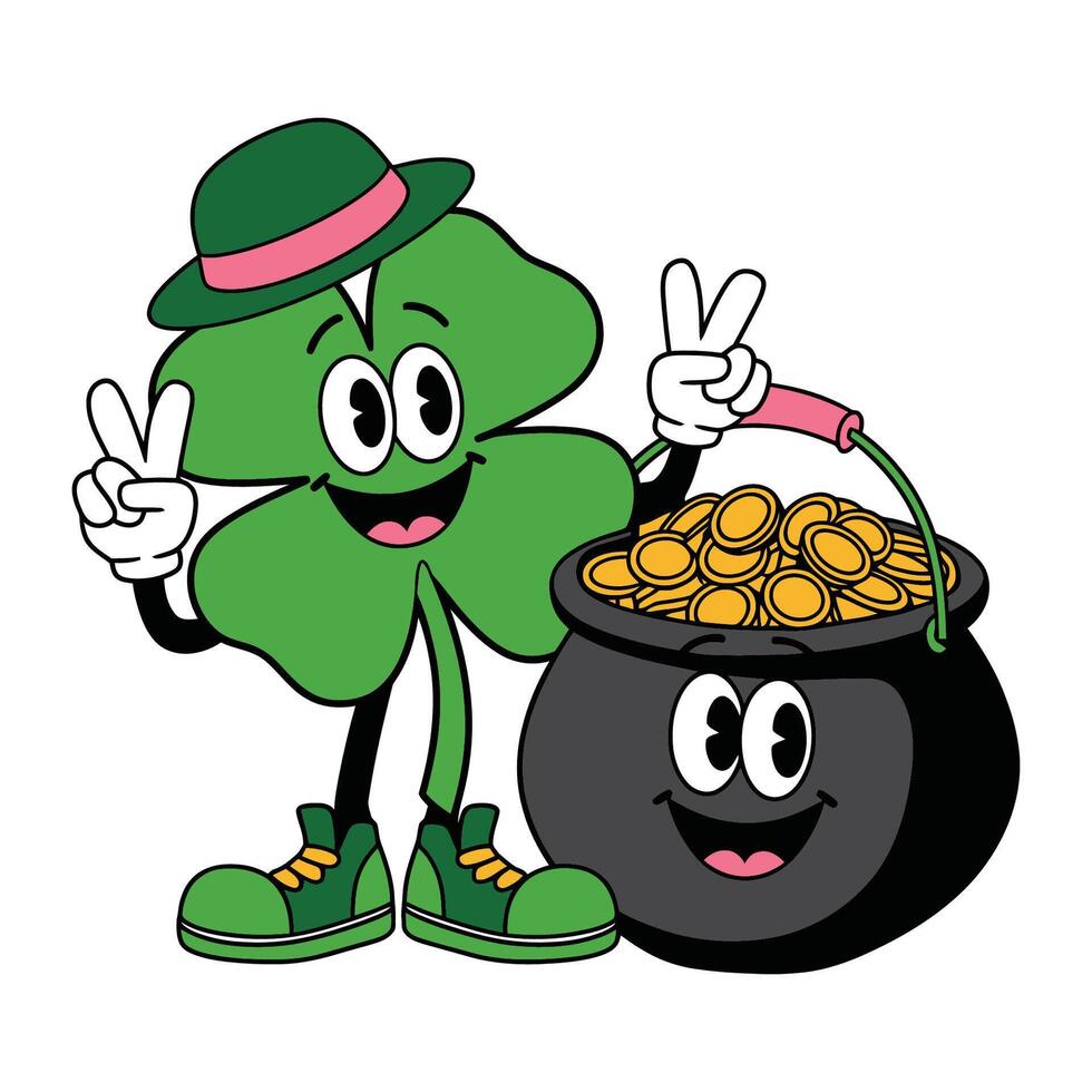 Cartoon Clover and Pot of Gold Character vector