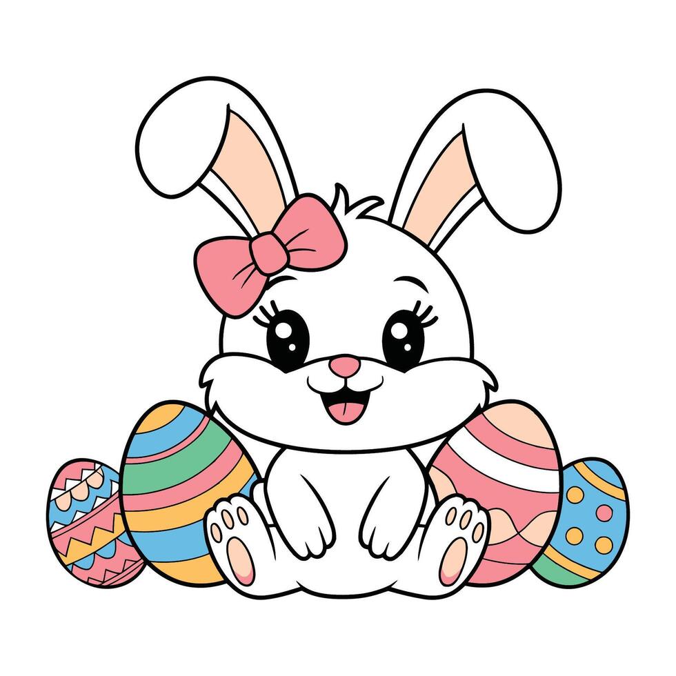 Cute Easter Bunny with Decorative Eggs Illustration vector