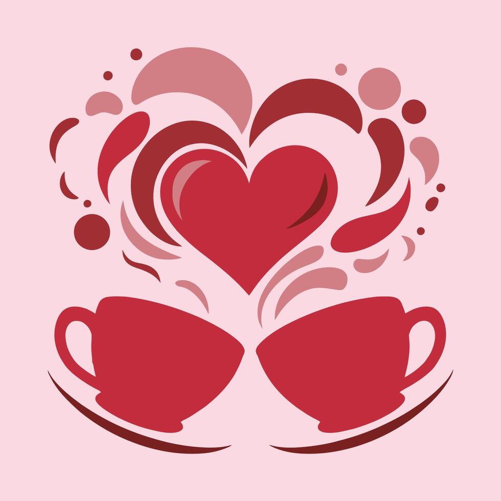 Romantic Red Coffee Cups with Heart and Swirls Illustration vector