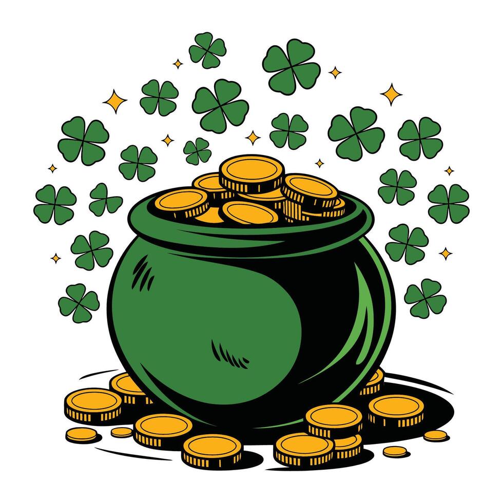 Pot of Gold with Shamrocks and Sparkles Illustration vector