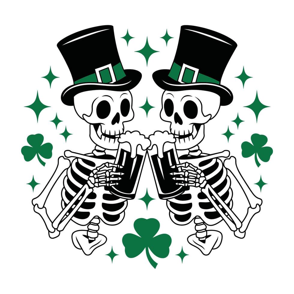 Skeletons Celebrating St. Patrick's Day with Beer vector