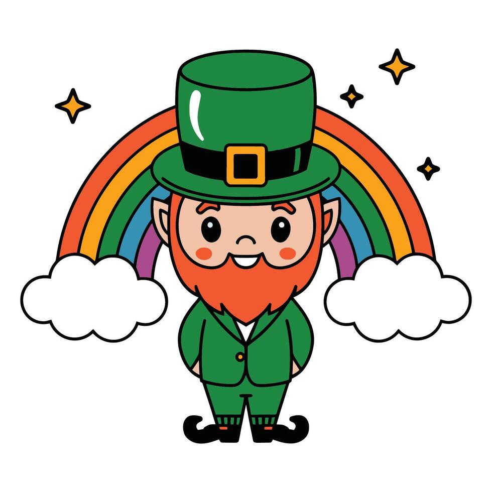 Cute leprechaun with rainbow and clouds illustration vector