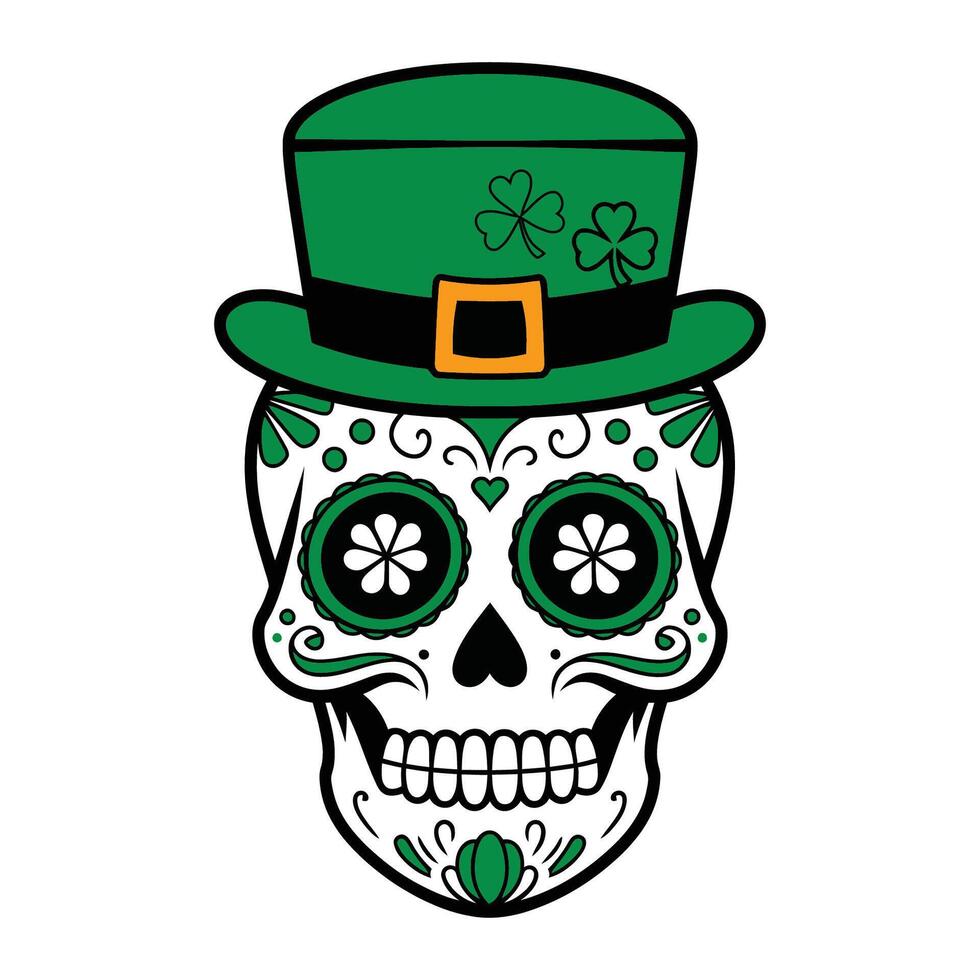 Sugar skull with leprechaun hat illustration vector