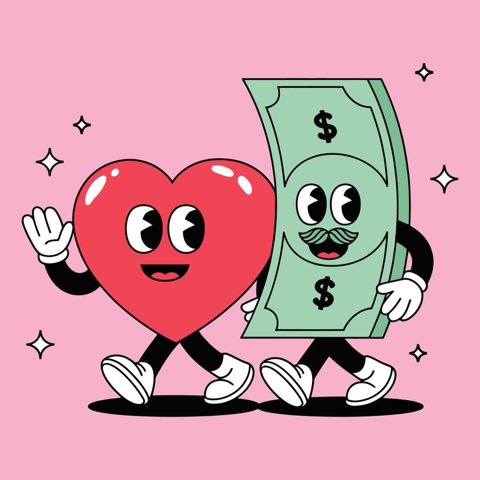 Cartoon Heart and Dollar Bill Walking Together vector