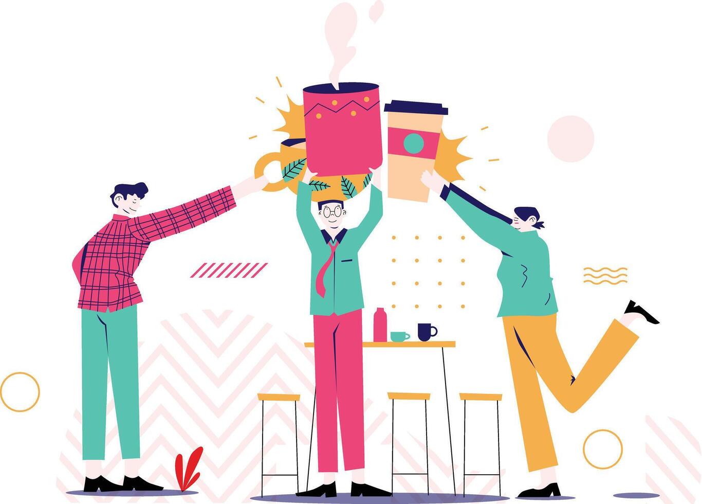 Three Worker Celebrate with Tossing Coffee Cup Illustration vector
