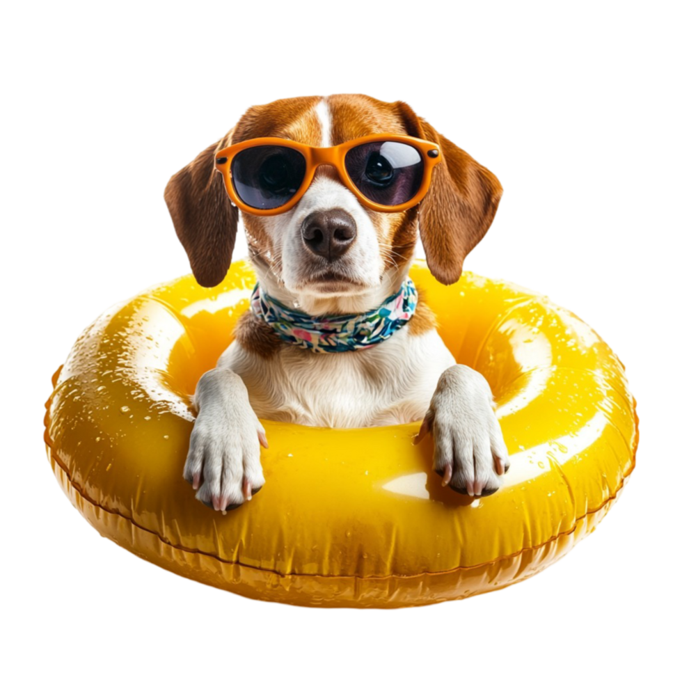Dog Wearing Sunglasses Swimming in an Inflatable Ring png