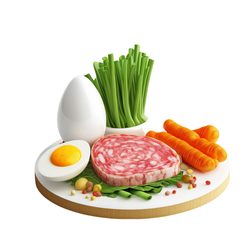 Meat, Vegetables, and Eggs on a Plate png