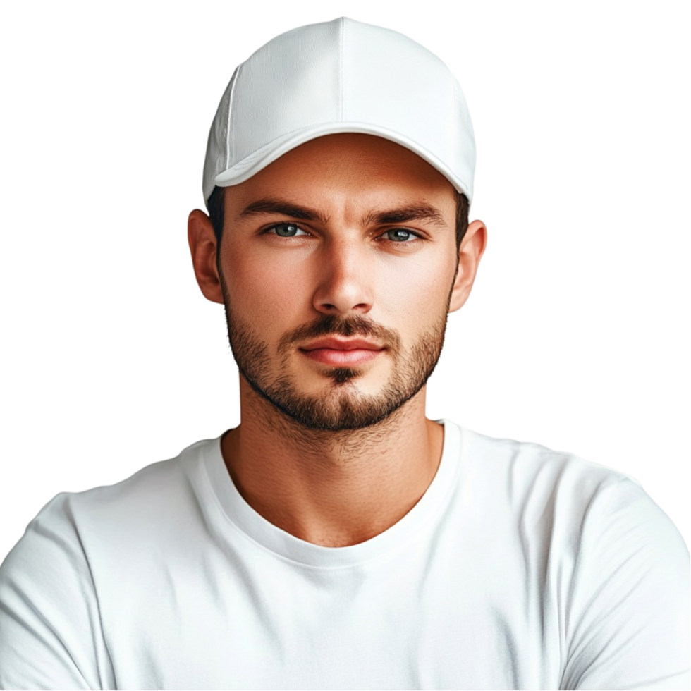 portrait of a man wearing a white t-shirt and cap png