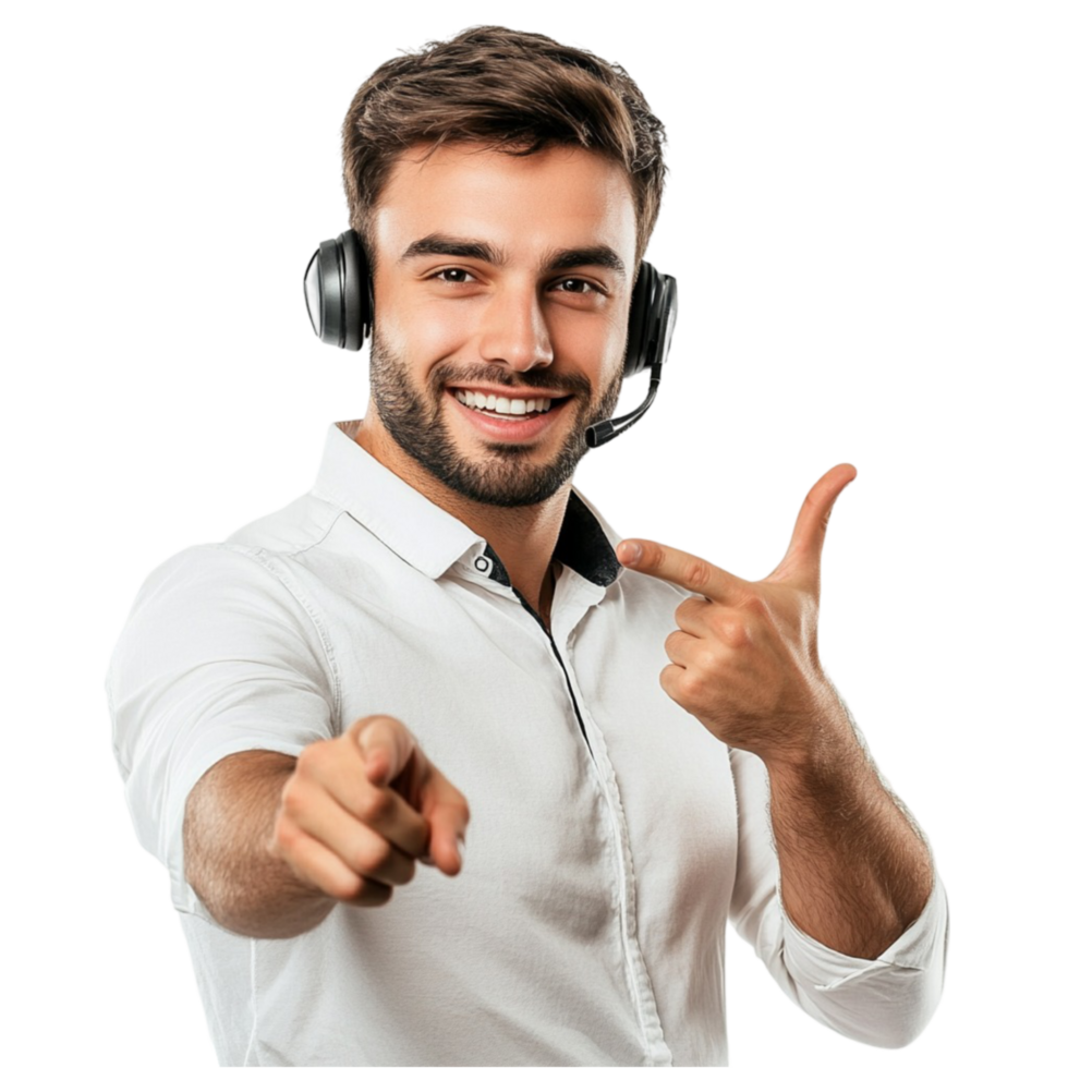 Man in Headset Pointing at Camera png
