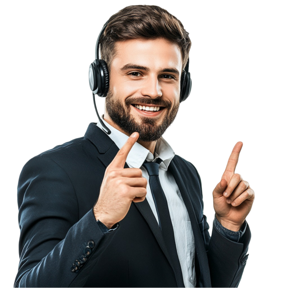 Man in Suit and Headset Pointing at Something png