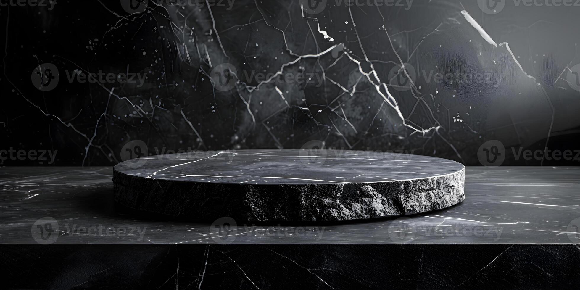 Black marble podium scene, geometric presentation platform mockup, stand to show cosmetic product showcase on pedestal display. Lights and shadows background, minimal presentation. photo