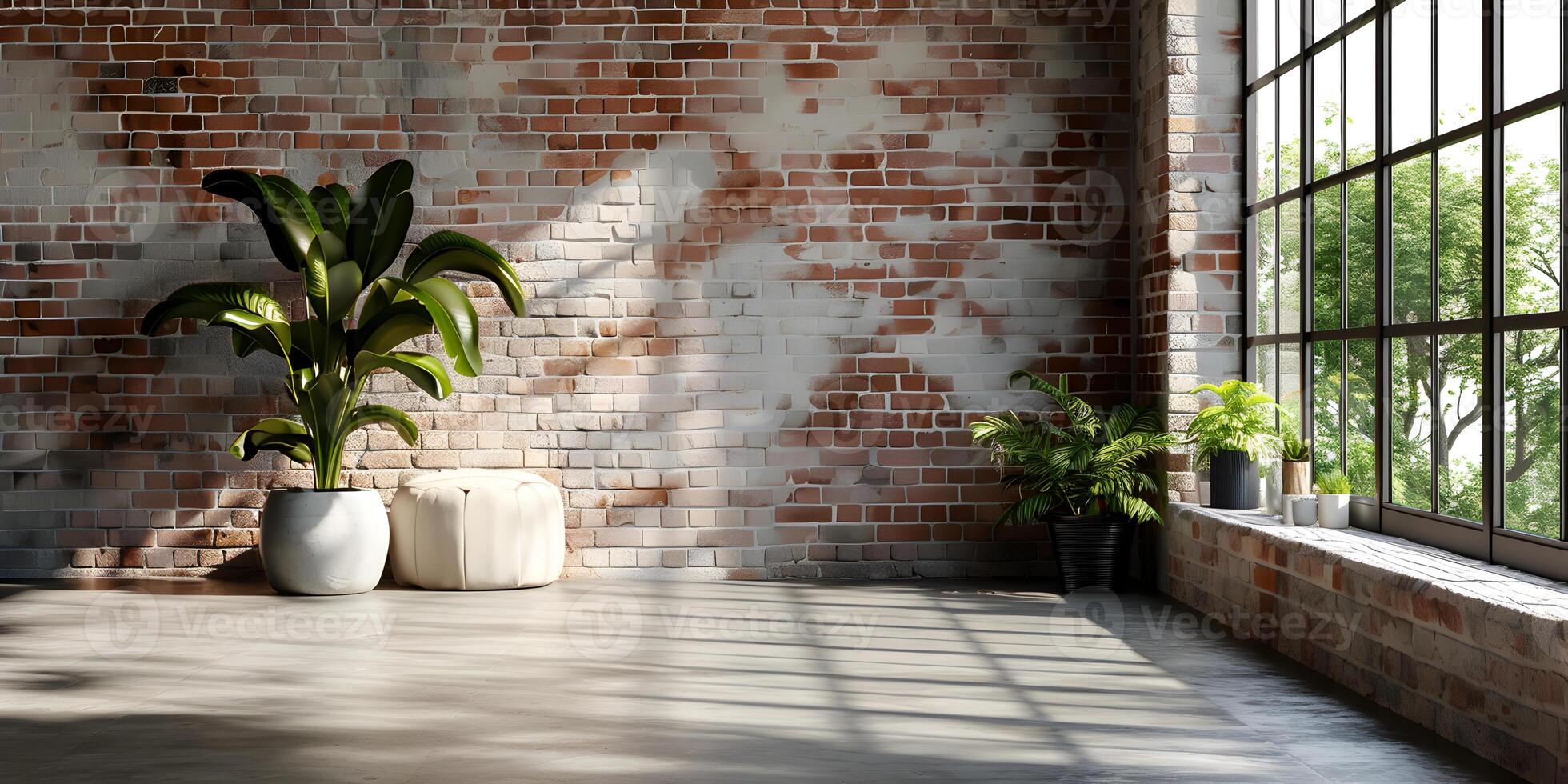 Empty room with lights and shadows from big window in loft style with copy space. Brick wall mockup background with wooden floor and home plants. photo