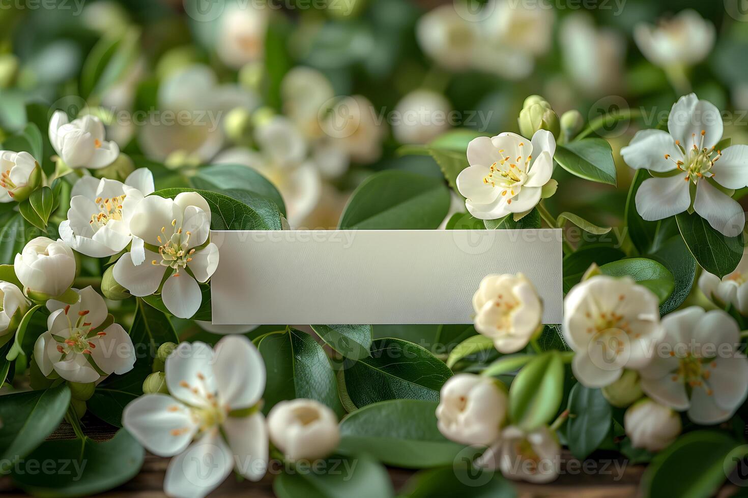 Empty rectangle label mockup with jasmine flowers. Blank price, gift, sale, designation, medicine, cosmetics, title or gift tag template with flowers background. photo