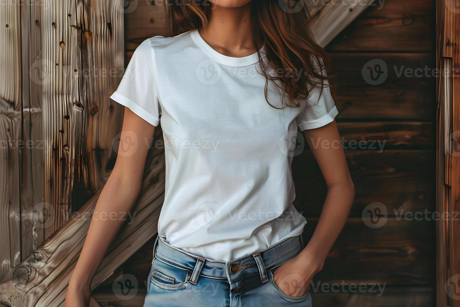 Young woman wearing bella canvas white shirt mockup, at dark wooden wall background. Design tshirt template, print presentation mock-up. photo