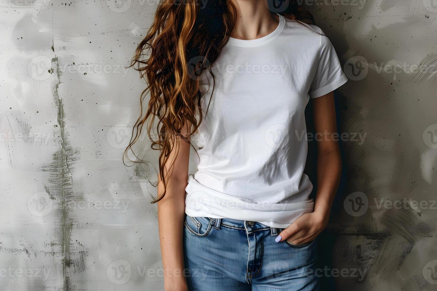 Young woman wearing bella canvas white shirt mockup, at gray concrete, stone background. Design tshirt template, print presentation mock-up. photo