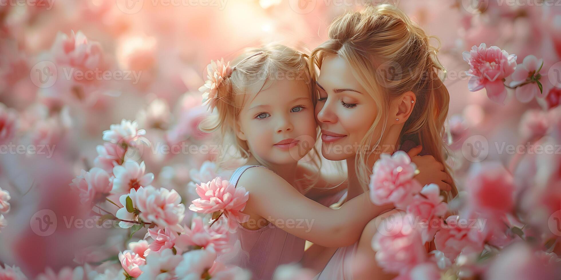 Happy Mothers day portrait of mother and daughter on flowers background, happy family hugging with love. International Mother's day concept with copy space. photo