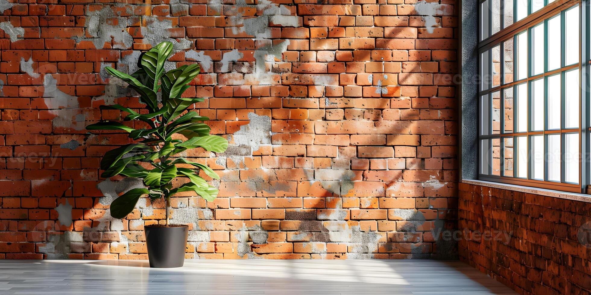 Empty room with lights and shadows from big window in loft style with copy space. Brick wall mockup background with wooden floor and home plants. photo