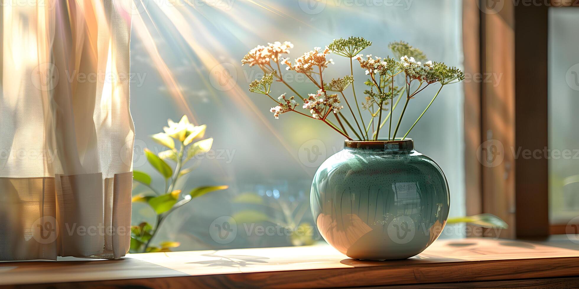 Ceramic vase with summer flowers branches and sunlight on the wooden textured window sill. Minimalistic rustic home interior design mockup concept with decoration and copy space. photo