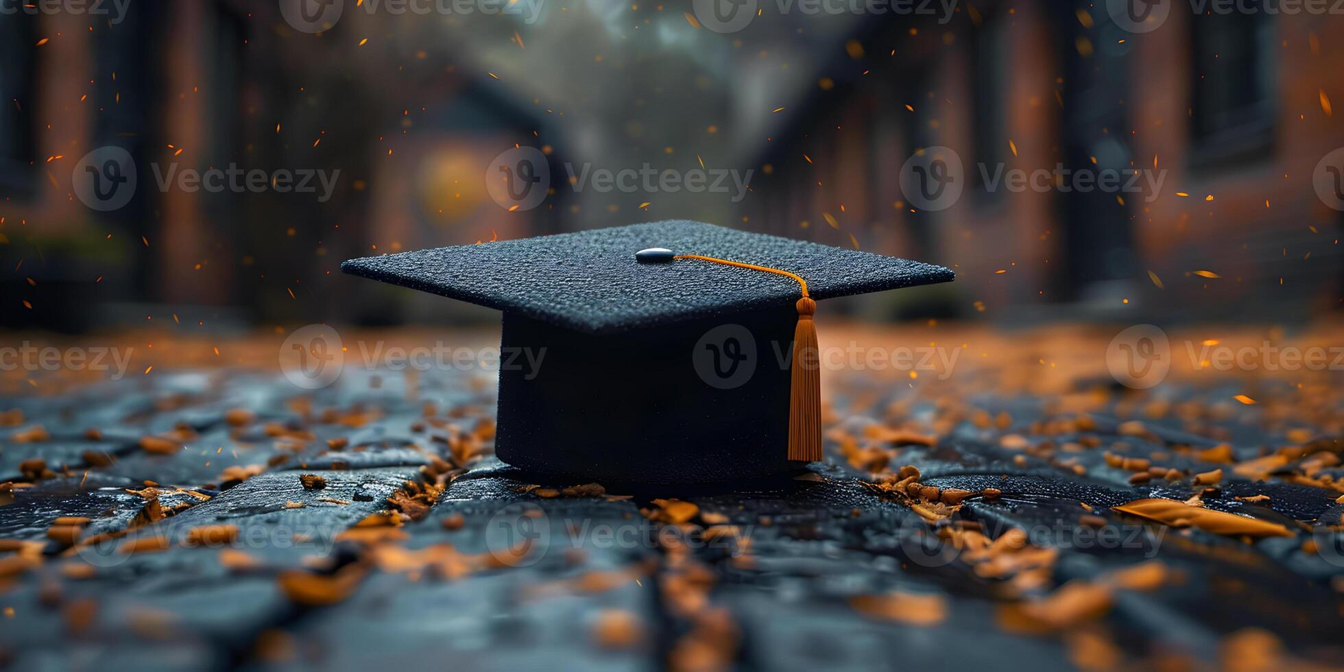 Graduation mortarboard cap on the ground, graduation ceremony concept. Congratulation the graduates in University, education background with copy space. photo