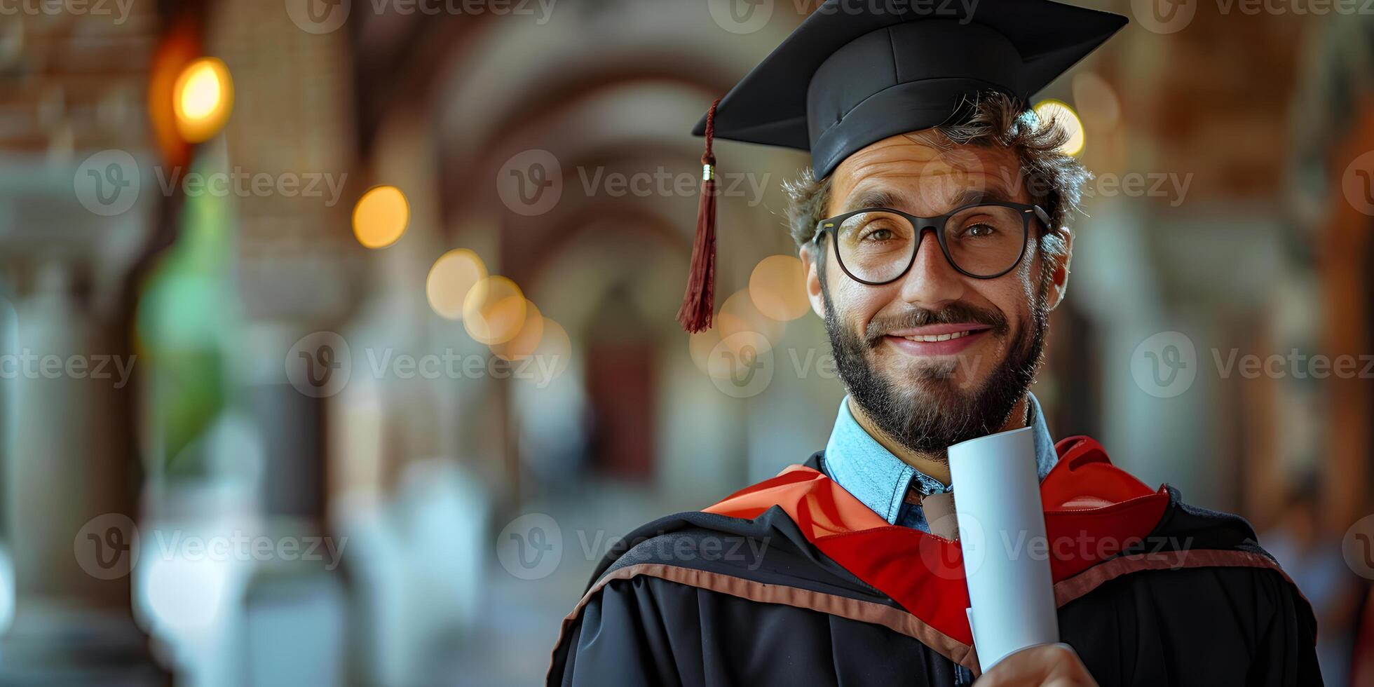 Cheerful young man graduate portrait in mortarboard and bachelor gown, graduation ceremony concept. Congratulation the graduates in University, education background with copy space. photo