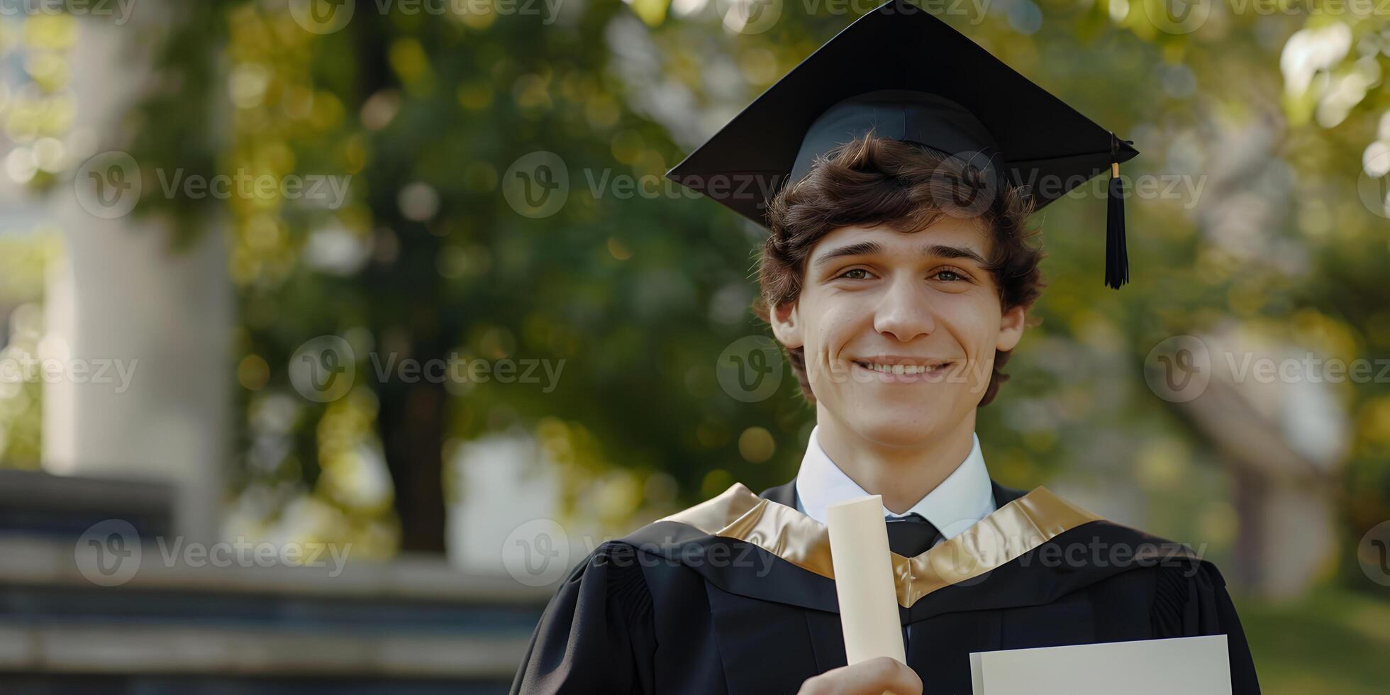 Cheerful young man graduate portrait in mortarboard and bachelor gown, graduation ceremony concept. Congratulation the graduates in University, education background with copy space. photo