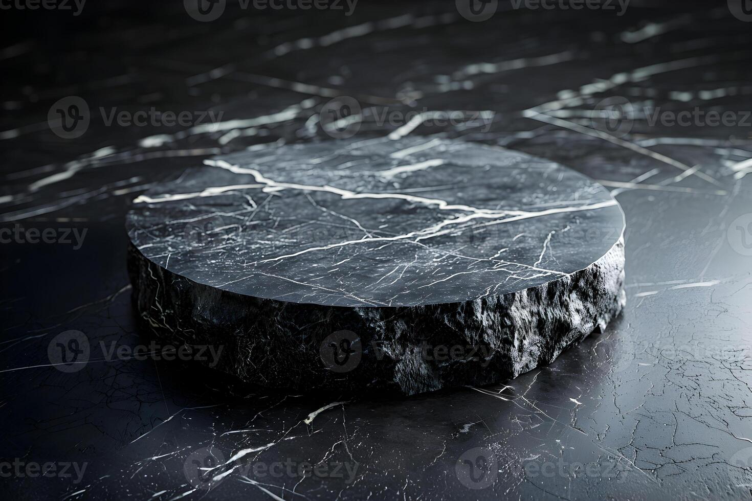 Black marble podium scene, geometric presentation platform mockup, stand to show cosmetic product showcase on pedestal display. Lights and shadows background, minimal presentation. photo