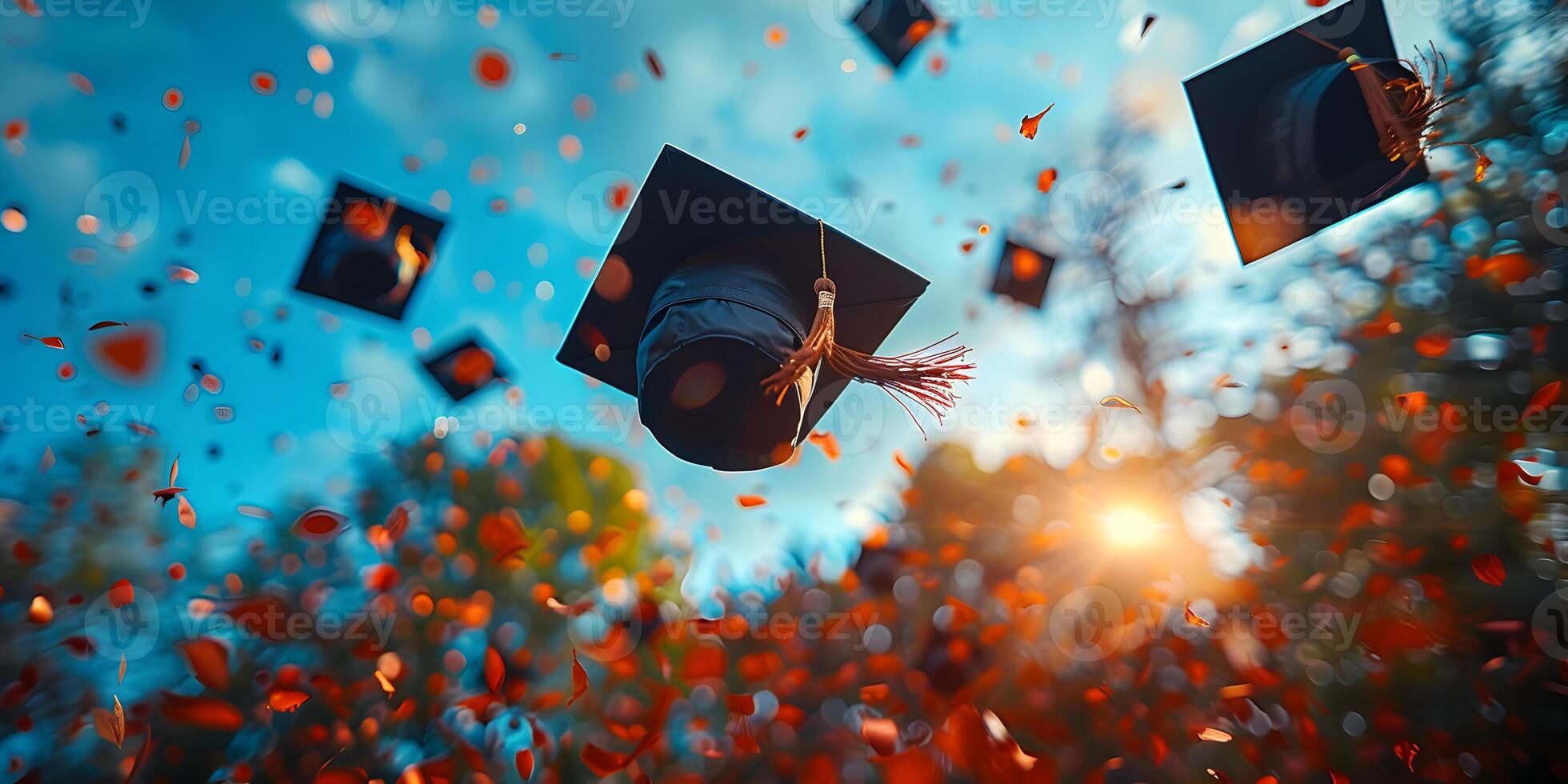 Graduation mortarboards caps flying in the air with confetti, graduation ceremony concept. Congratulation the graduates in University, festive education background. photo