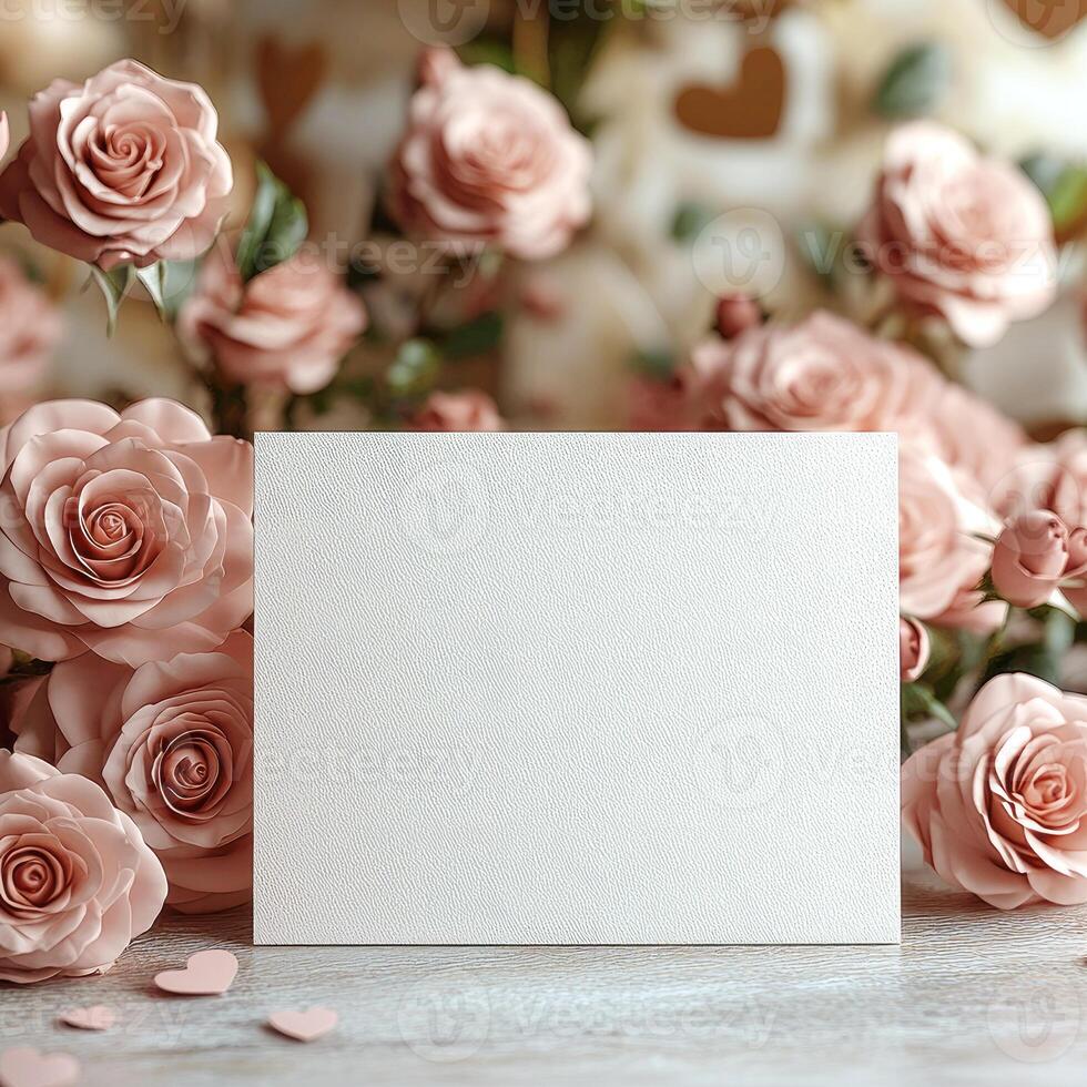 Empty white card mockup against the background of flowers, romantic mood photo