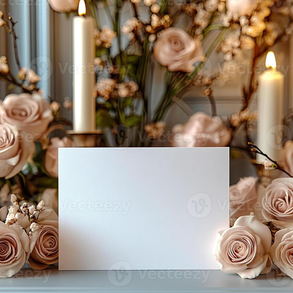 Empty white card mockup against the background of flowers, romantic mood photo