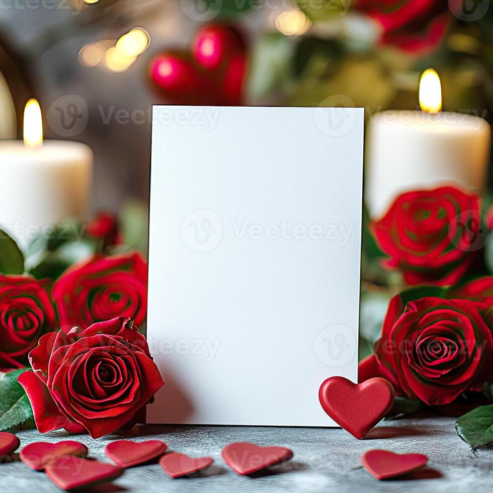 Empty white card mockup against the background of flowers, romantic mood photo