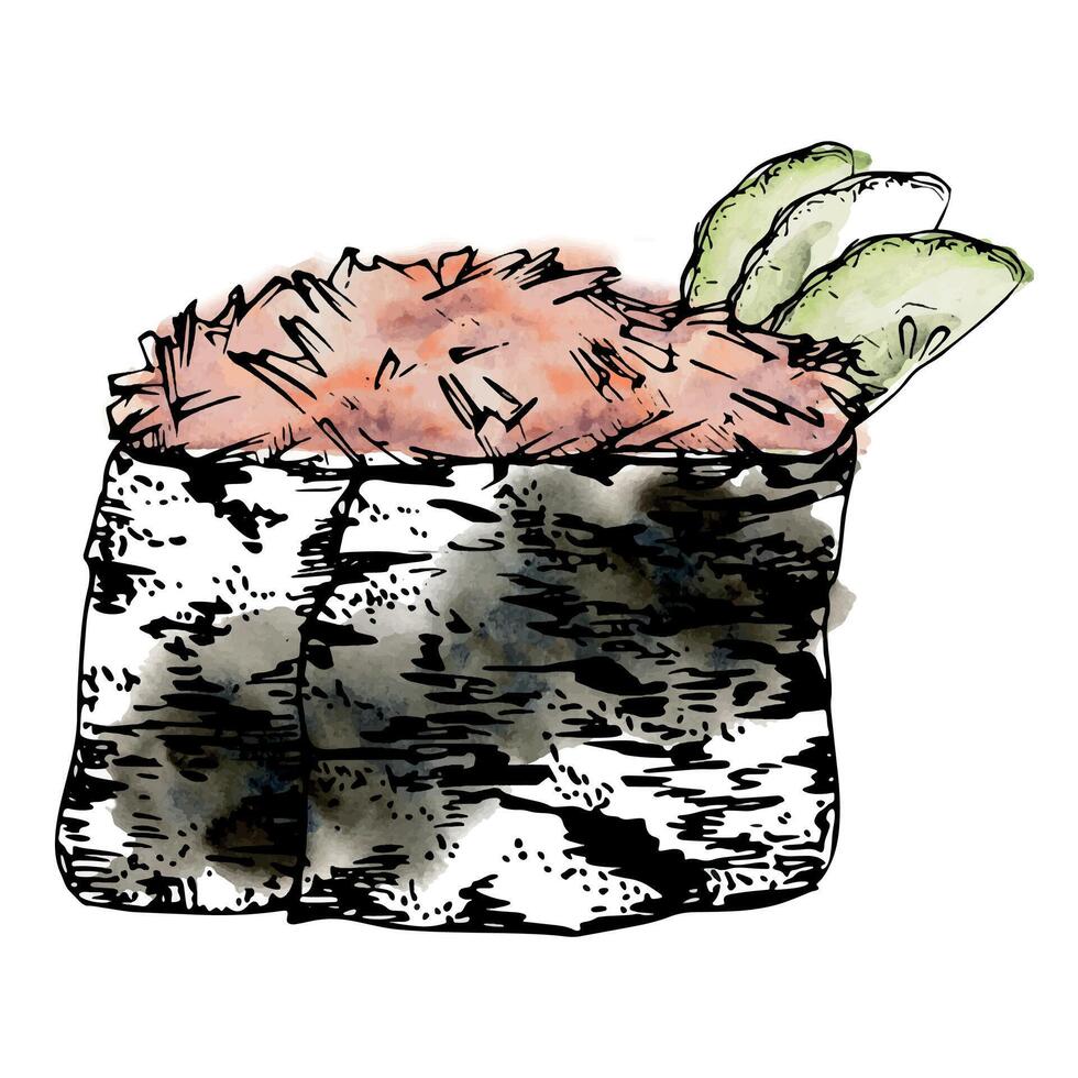 Traditional Japanese food, gunkan sushi seaweed nori wrap with raw fish salmon tuna crab, cucumber slices. Illustration hand drawn in watercolor and ink for restaurant, cafe menu, kitchen, recipe book vector