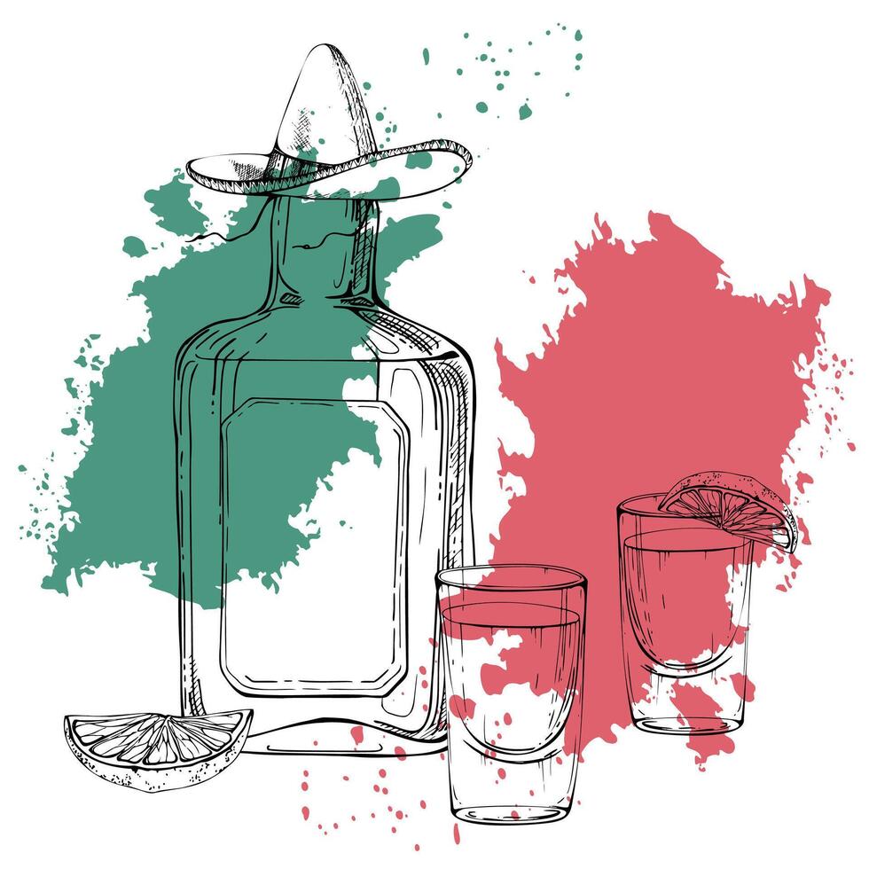 Tequila liquor alcohol bottle in sombrero, shot glasses with lime citrus slice, red white green flag. Hand drawn ink isolated illustration. Design travel, vacation brochure, shop, bar pub menu vector