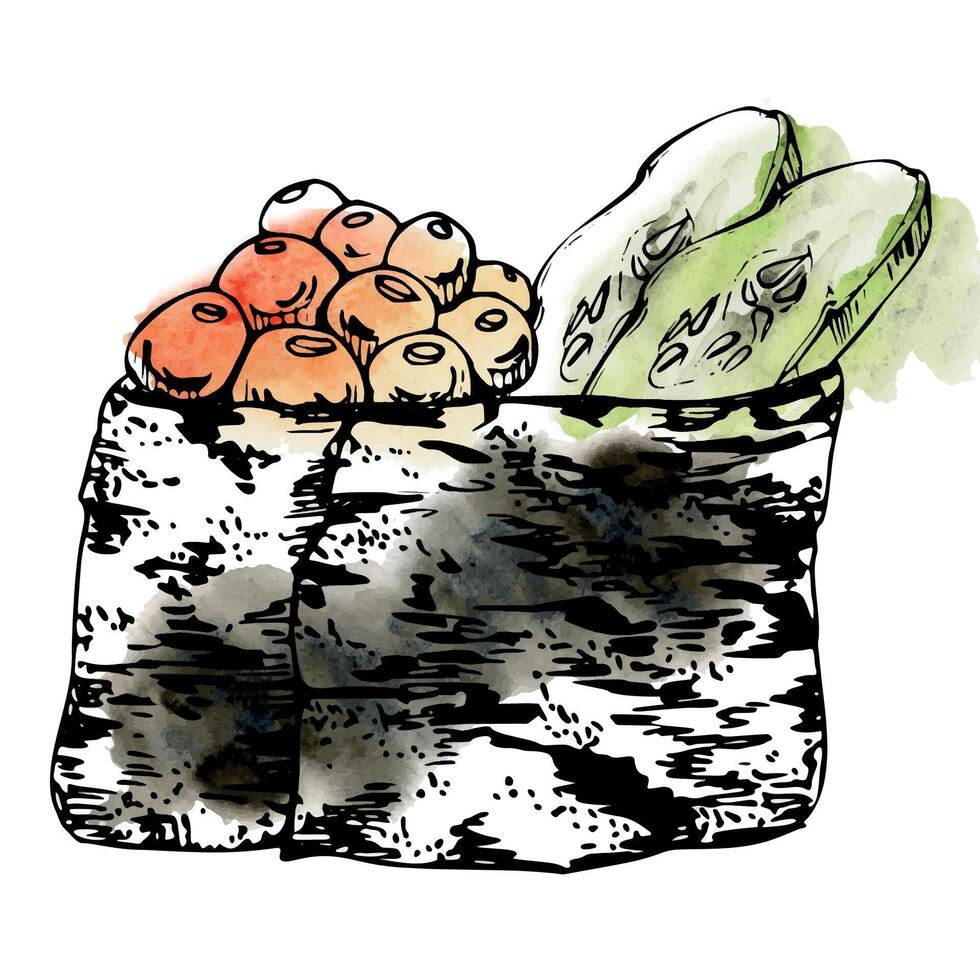 Traditional Japanese food, gunkan sushi seaweed nori wrap with raw fish salmon roe caviar, cucumber slices. Illustration hand drawn in watercolor, ink for restaurant, cafe menu, kitchen, recipe book vector
