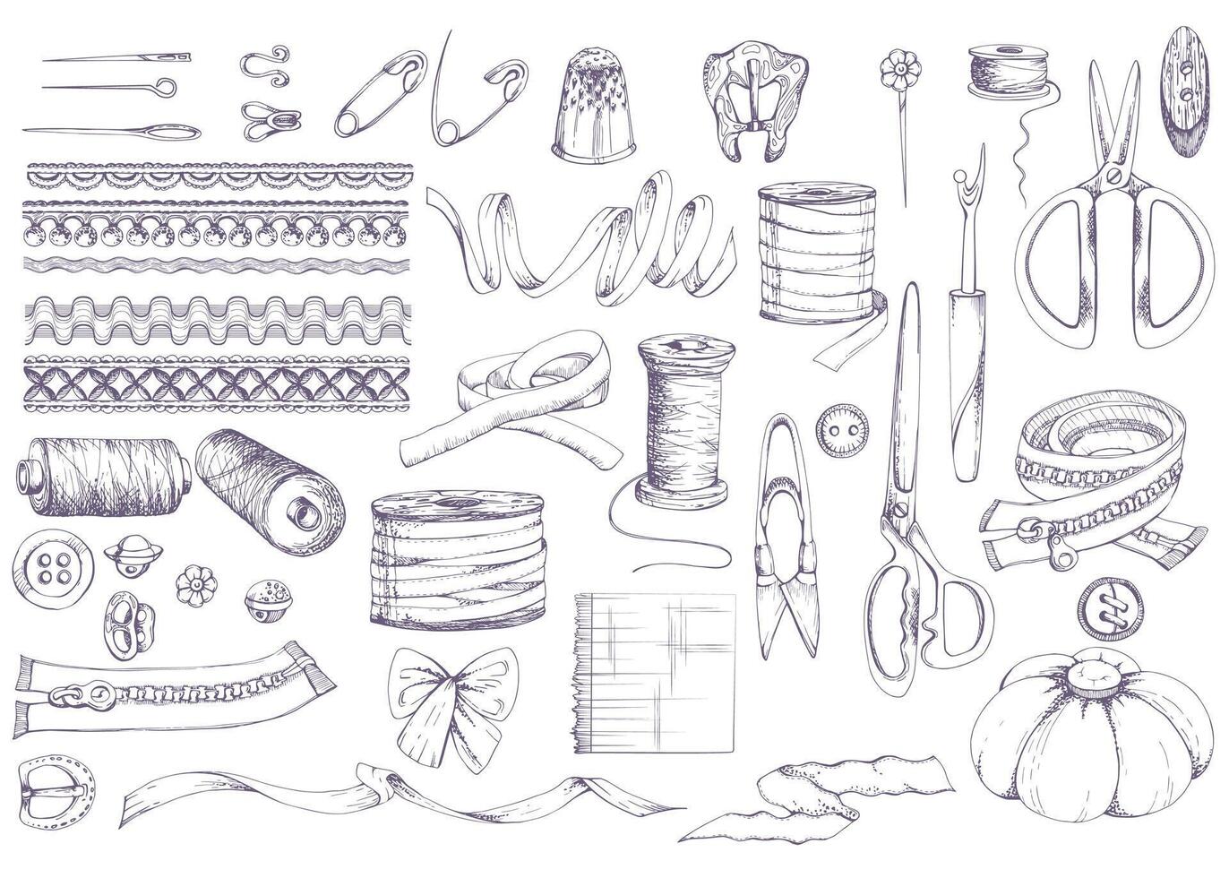 Purple scissors ribbon thread bobbins lace pin cushion buttons thimble pins needles. Hand drawn ink illustration sewing craft supplies. Objects set isolated on white. Atelier tailor, hobby shop vector