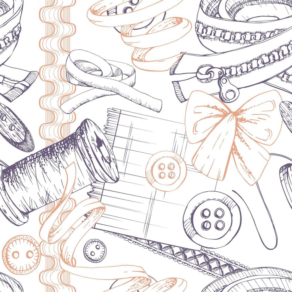 Fabric pieces, thread ribbon bobbins, bow tie buttons lace. Hand drawn ink illustration sewing craft supplies. Seamless pattern isolated on white background. Design atelier, tailor, hobby shop vector