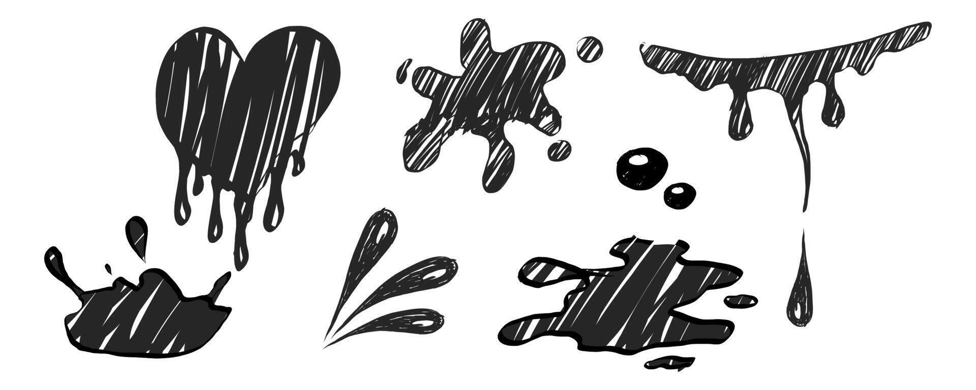 Paint drip splatter, liquid stain fluid ink droplet grunge textured. Graffiti splash black melt. Paint flows, melt spray border. vector
