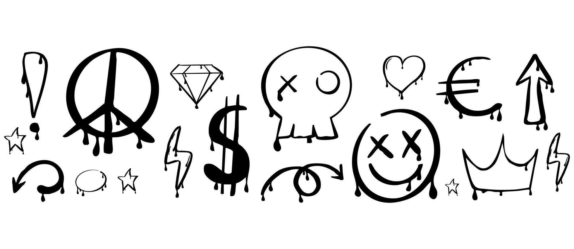 Graffiti y2k groovy tattoo hand drawn paint with splatter street drawing seamless border. Heart, smile arrow elements, ink print. Trendy splash brush illustrations. vector