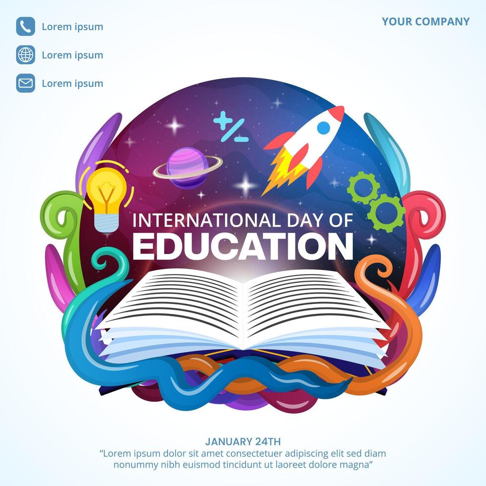 International Day Of Education background with an open book and ornaments vector