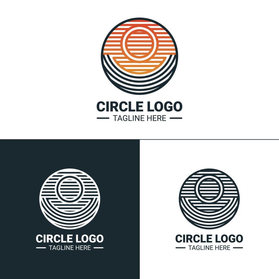 1 set of color circle logo concept, black and white gradient orange sky line style and striped sea vector