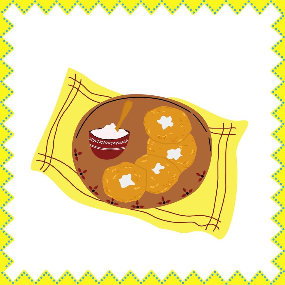 Ukrainian deruns. Delicious and aromatic homemade darunas with sour cream served in a plate. Ukrainian national cuisine vector