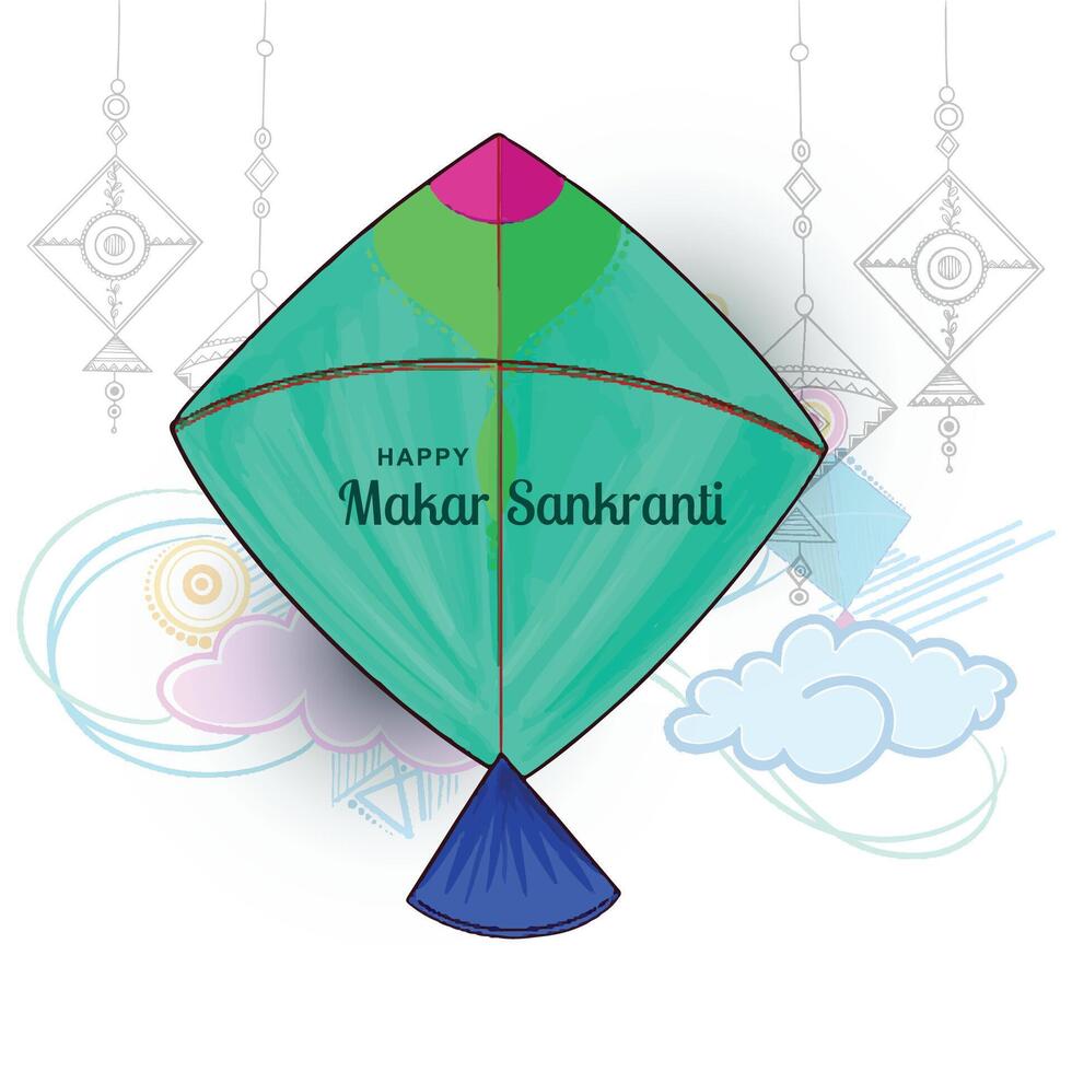 Flying kites and cloud makar sankranti festival card background vector