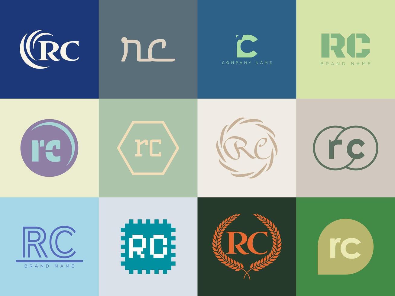 RC logo company template. Letter r and c logotype. Set different classic serif lettering and modern bold text with design elements. Initial font typography. vector