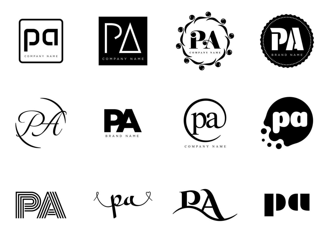 PA logo company template. Letter p and a logotype. Set different classic serif lettering and modern bold text with design elements. Initial font typography. vector
