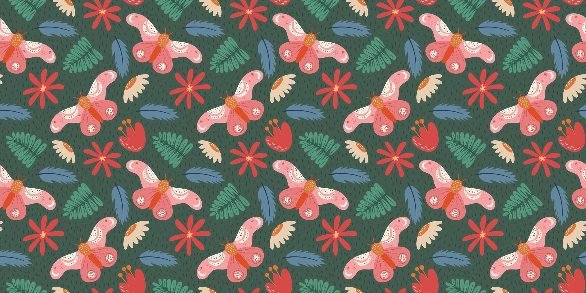 Charming Seamless Butterfly and Floral Pattern with Hand-Drawn Botanical Motifs in Soft Colors on Green Background Ideal for Textiles, Stationery, and Digital Artwork vector