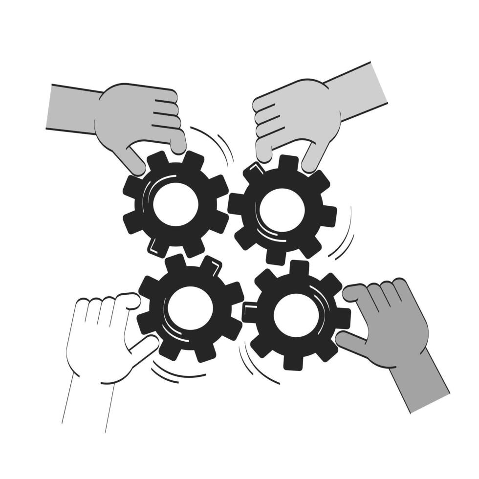 Collaborative effort teamwork cogs doodle line illustration concept. Problem solving. Four diverse hands turning interlocked gears 2D outline composition isolated. Hand drawn drawing monochrome vector