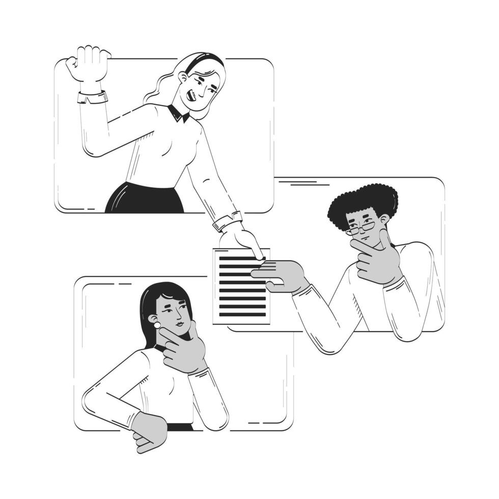 Virtual team collaborating through online interaction doodle line illustration concept. Remote colleagues sharing document, proofreading 2D outline characters isolated. Hand drawn drawing monochrome vector
