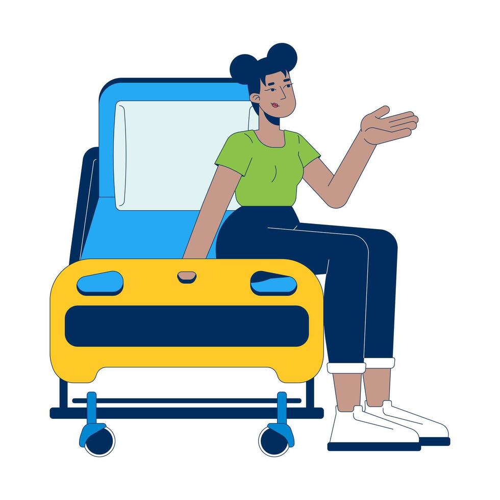 African american female patient seated on hospital bed 2D cartoon character. Inpatient rehab. Black woman gesturing isolated person flat on white background. Spot illustration colorful vector