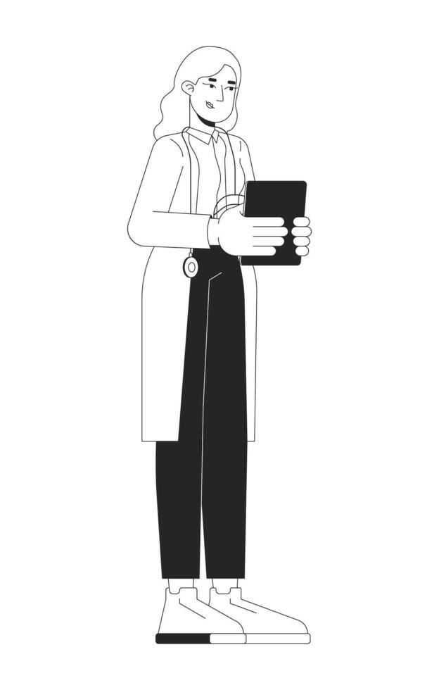 Female blonde doctor in white coat holding tablet black and white 2D line character. Caucasian woman physician wearing stethoscope isolated outline person. Monochromatic spot illustration vector