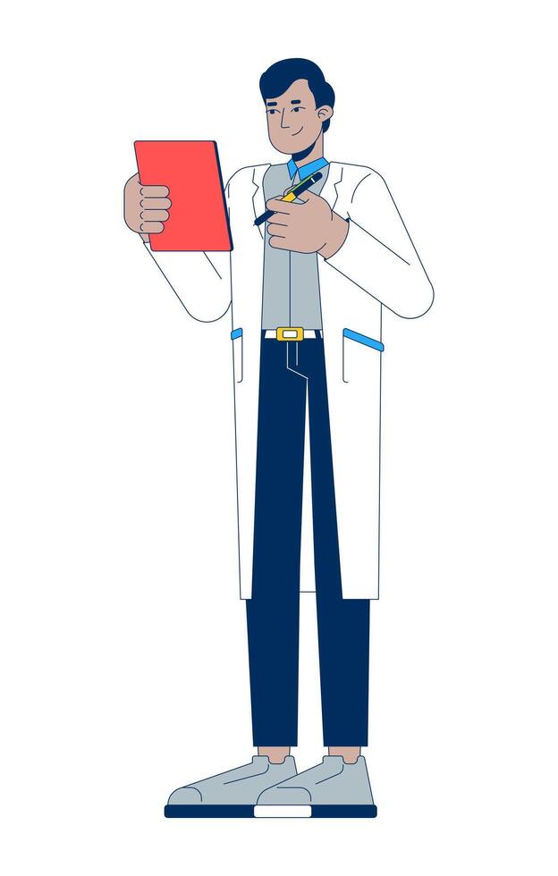 Indian male doctor in white coat holding clipboard and pen 2D cartoon character. Healthcare professional documentation isolated person flat on white background. Spot illustration colorful vector