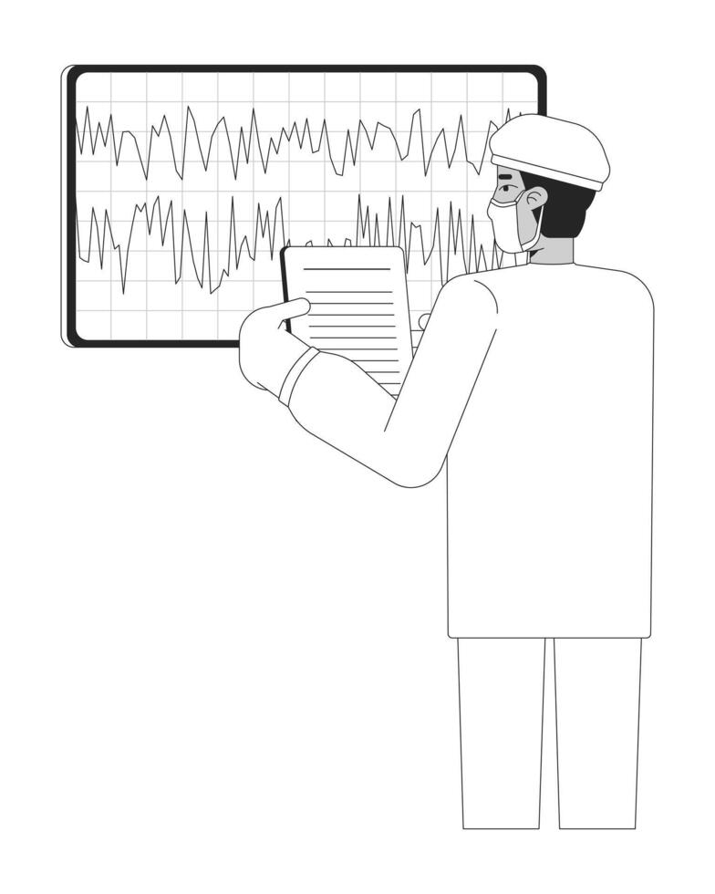 Doctor in scrubs analyzing brainwave data on monitor black and white 2D line character. Medical diagnostics. Neurologist indian man isolated outline person. Monochromatic spot illustration vector